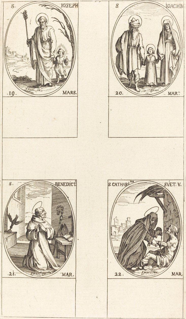 St. Joseph; St. Joachim; St. Benedictus, Abt; St. Catharina van Zweden door Jacques Callot