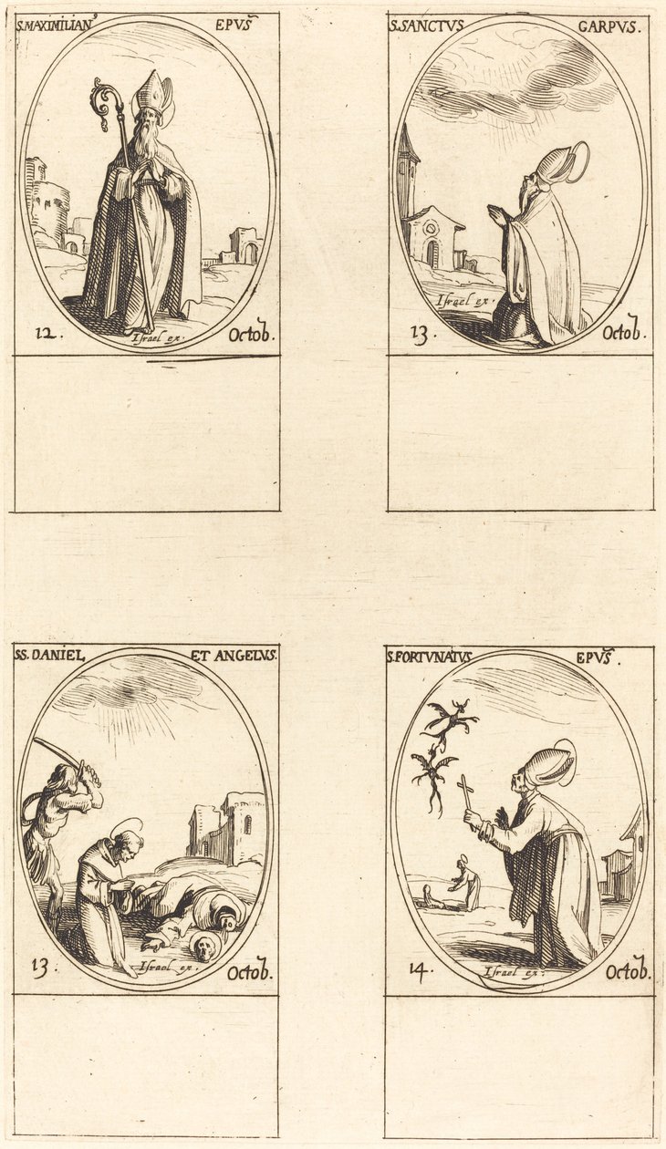 St. Maximiliaan, St. Carpus, St. Daniël en Angelus, St. Fortunatus door Jacques Callot