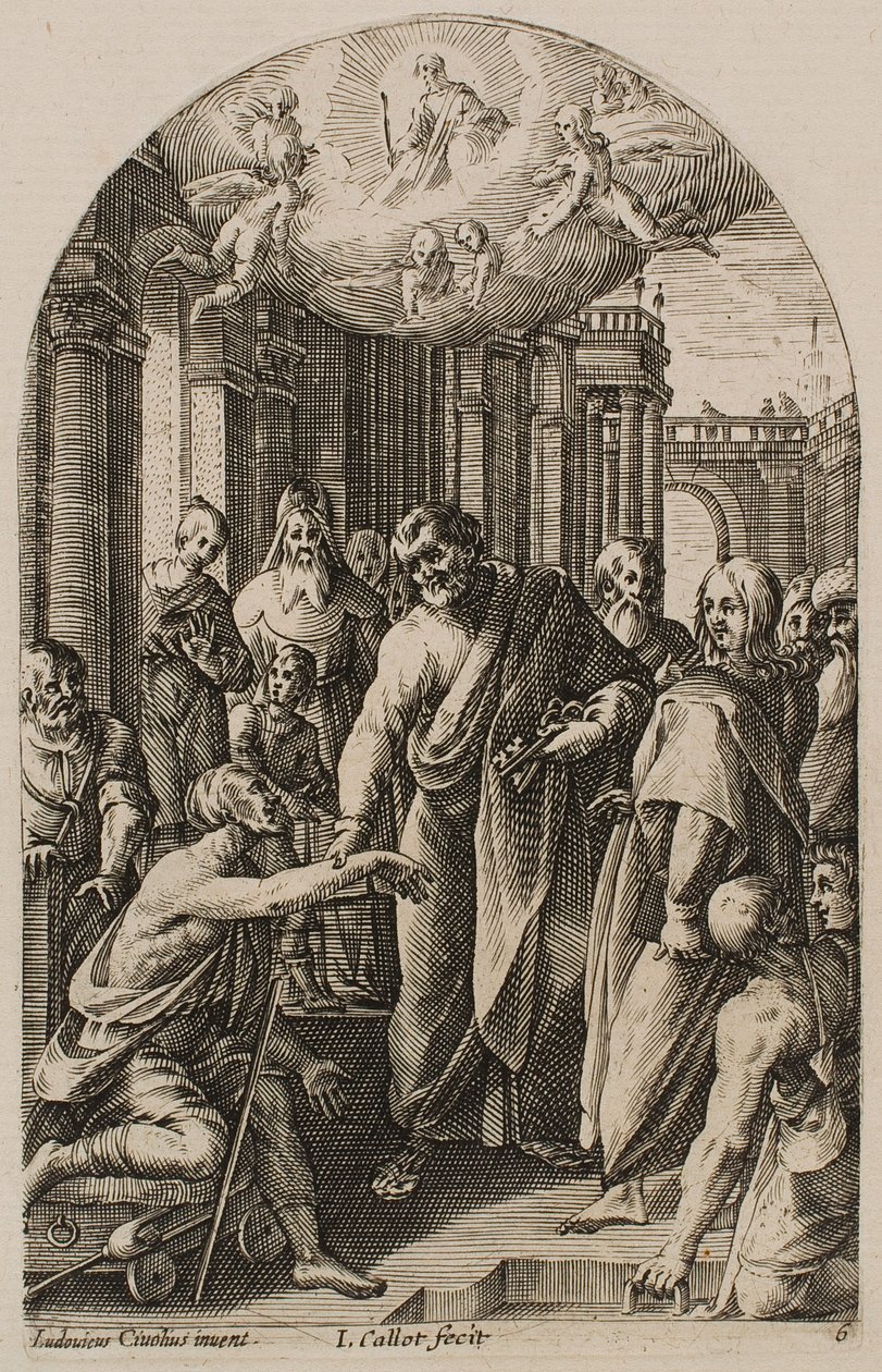 Sint-Petrus en Sint-Johannes genezen de verlamde bij de poort van de tempel, uit de serie „Beelden van Rome“ door Jacques Callot