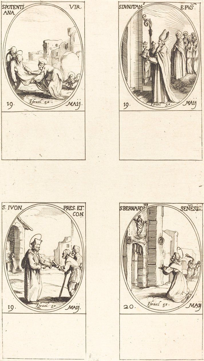 St. Potentiana; St. Dunstan; St. Yvo; St. Bernardinus van Siena door Jacques Callot