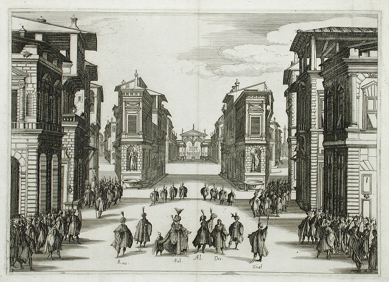 Toneelontwerp voor „Il Solimano”, akte IV door Jacques Callot