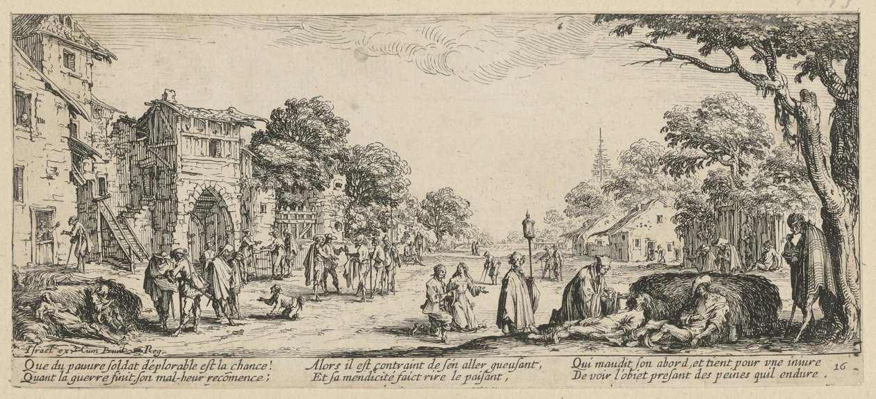 Stervenden langs de weg, blad 16 van de serie „De gruwelen van de oorlog” door Jacques Callot
