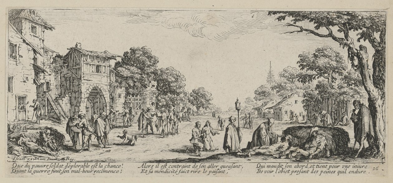 Stervenden langs de weg, blad 16 uit de reeks "Verschrikkingen van de oorlog" door Jacques Callot