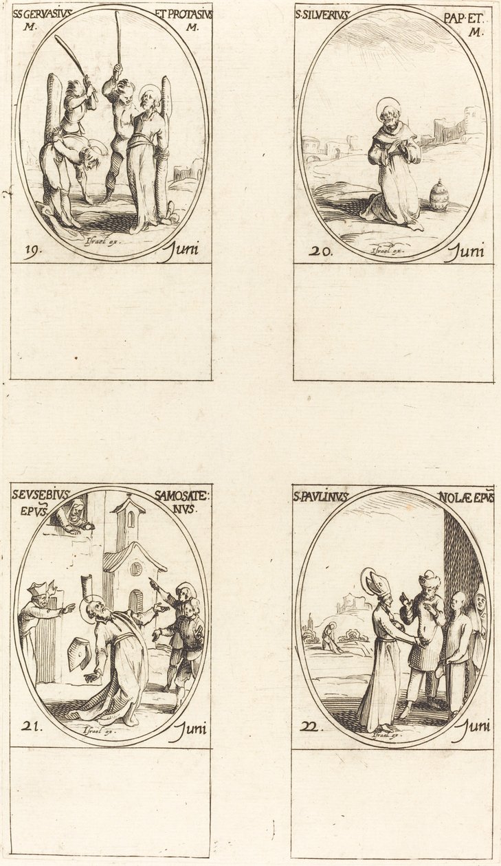 Heiligen Gervasius en Protasius; Heilige Silverius; Heilige Eusebius van Samosata; Heilige Paulinus van Nola door Jacques Callot