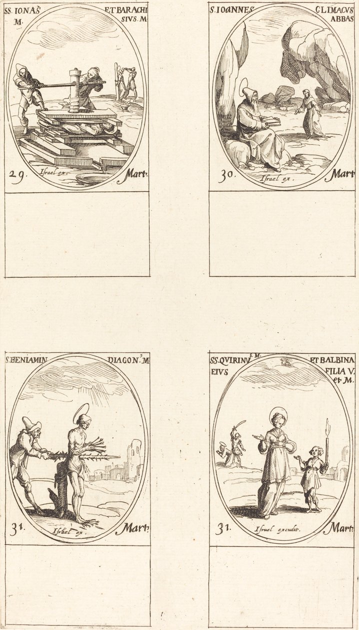 Heiligen Jonas & Barachisius; Sint Johannes Climacus, Abt; Sint Benjamin; Heiligen Quirinus & Bal door Jacques Callot