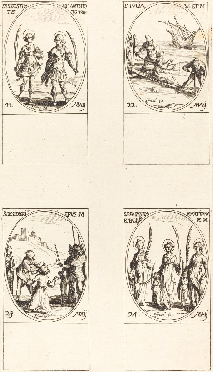 Heiligen Nicostratus en Anthiocus; Heilige Julia; Heilige Desiderius; Heiligen Susanna, Palladia, en... door Jacques Callot