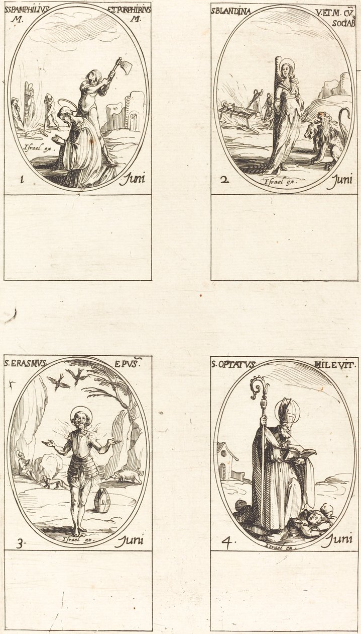 Heiligen Pamphilius en Porphyrius; Heilige Blandina en Metgezellen; Heilige Erasmus; Heilige Optatus door Jacques Callot