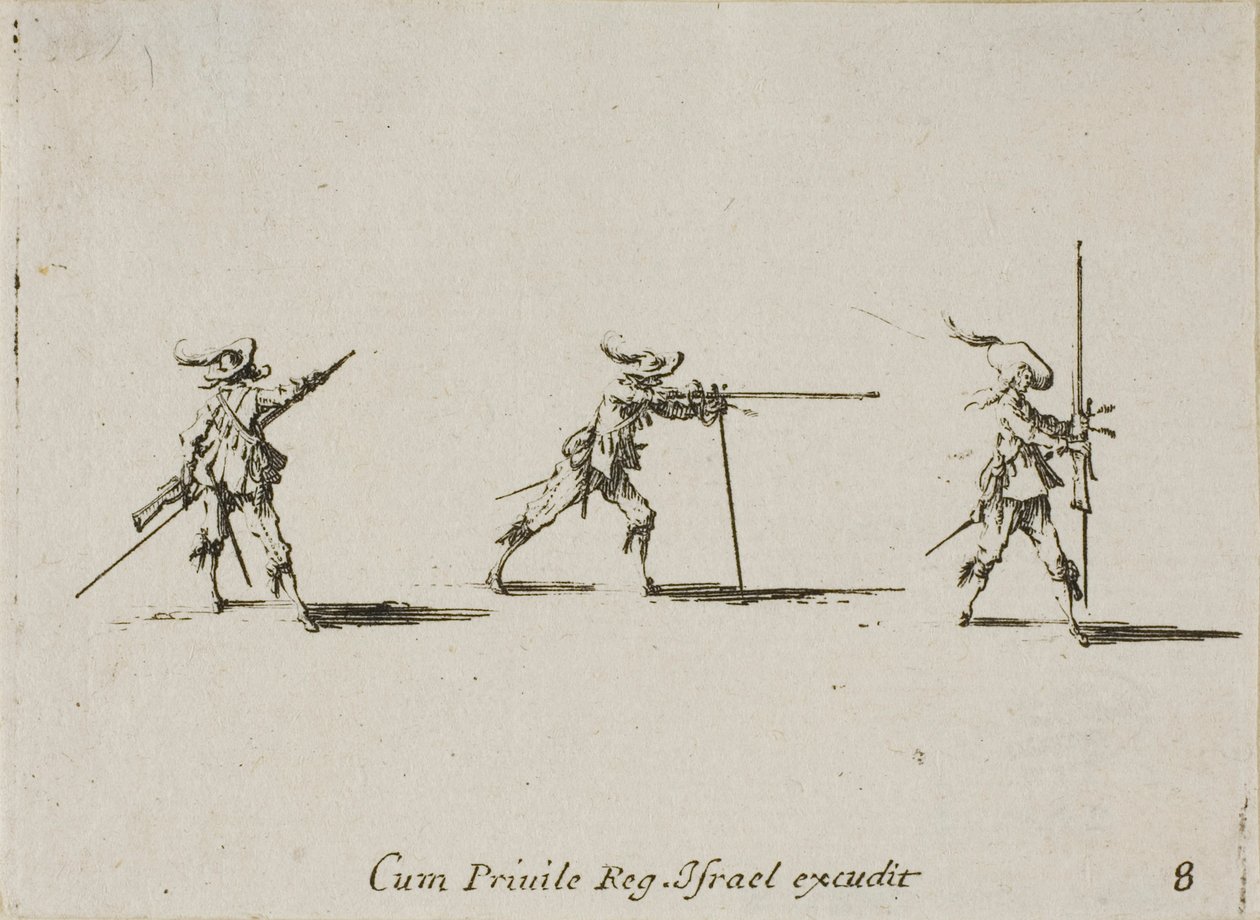 Het innemen van de vuurbereidheid met het musket, plaat acht uit De Militaire Oefeningen door Jacques Callot