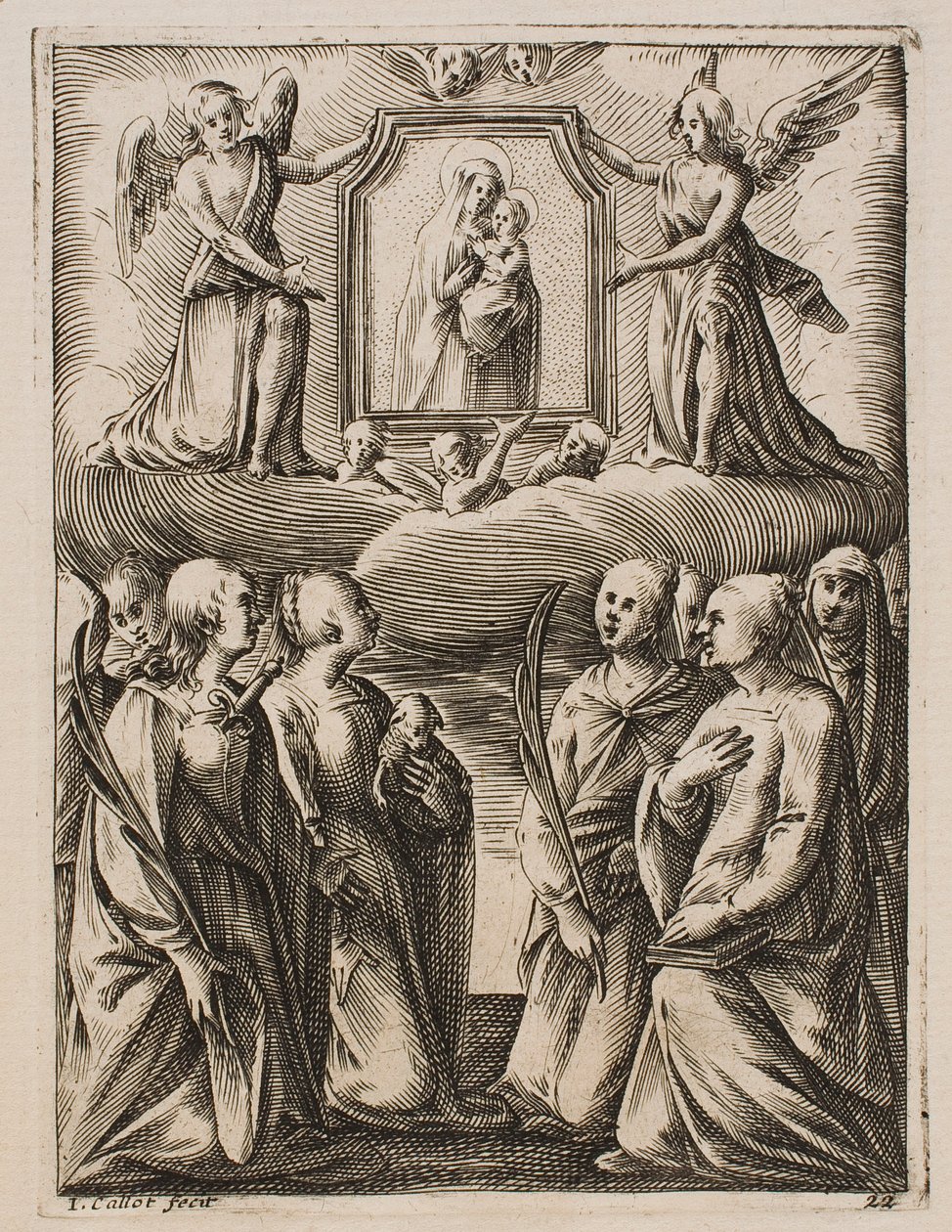 De aanbidding van de Maagd en het Kind, uit de serie „Gezichten van Rome“ door Jacques Callot