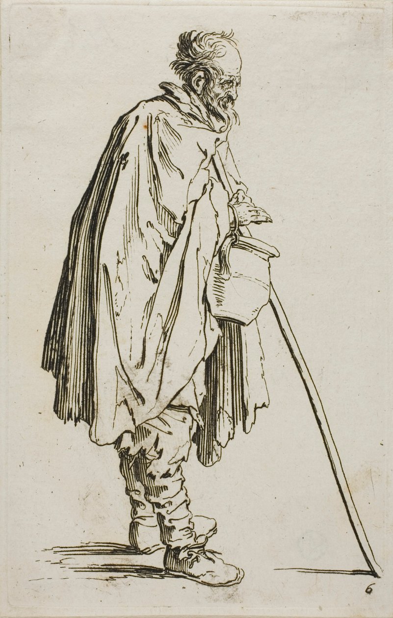 De bedelaar met een voetverwarmer, plaat zes uit De bedelaars door Jacques Callot
