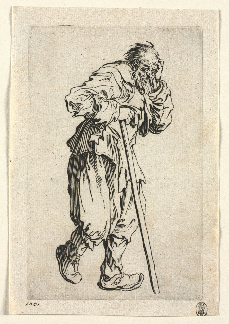 De bedelaars: bedelaar leunend op een stok door Jacques Callot