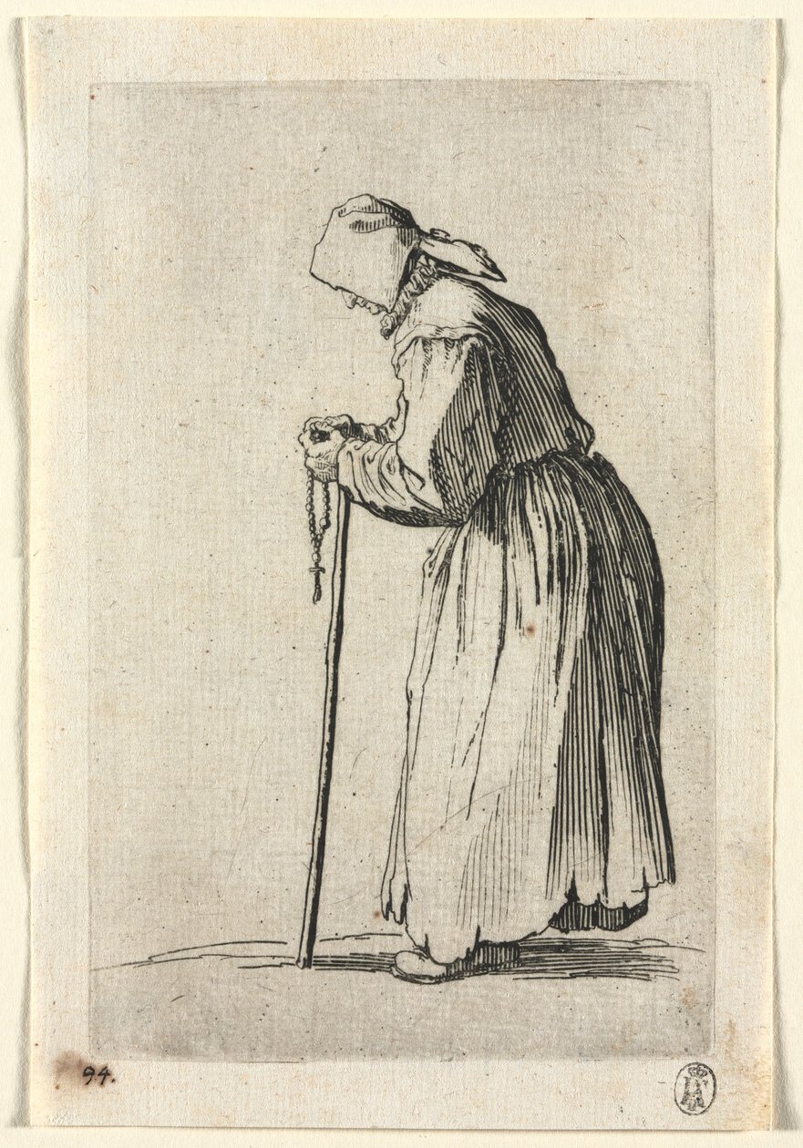De Bedelaars: Bedelaar bij haar Rozenkrans, ca. 1623 door Jacques Callot