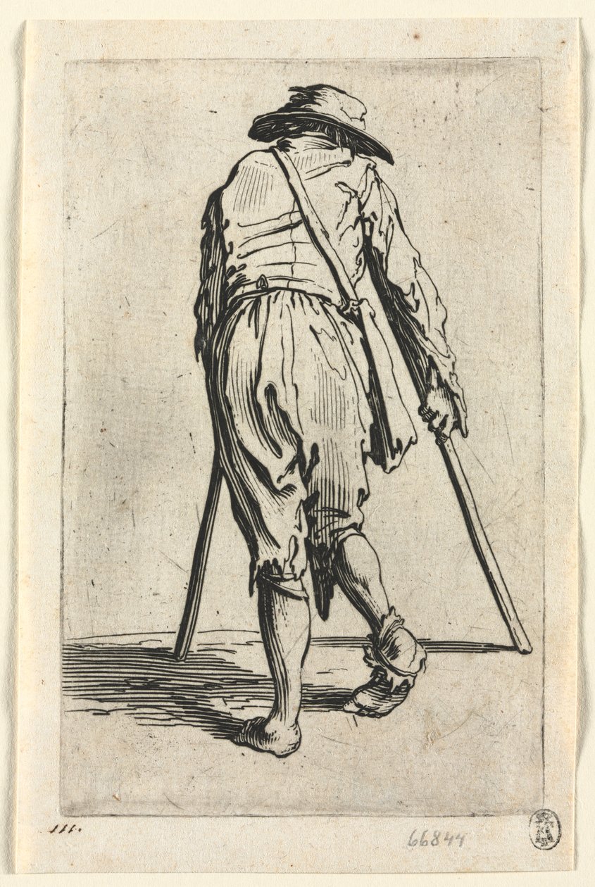 De bedelaars: Bedelaar op krukken, met een hoed door Jacques Callot
