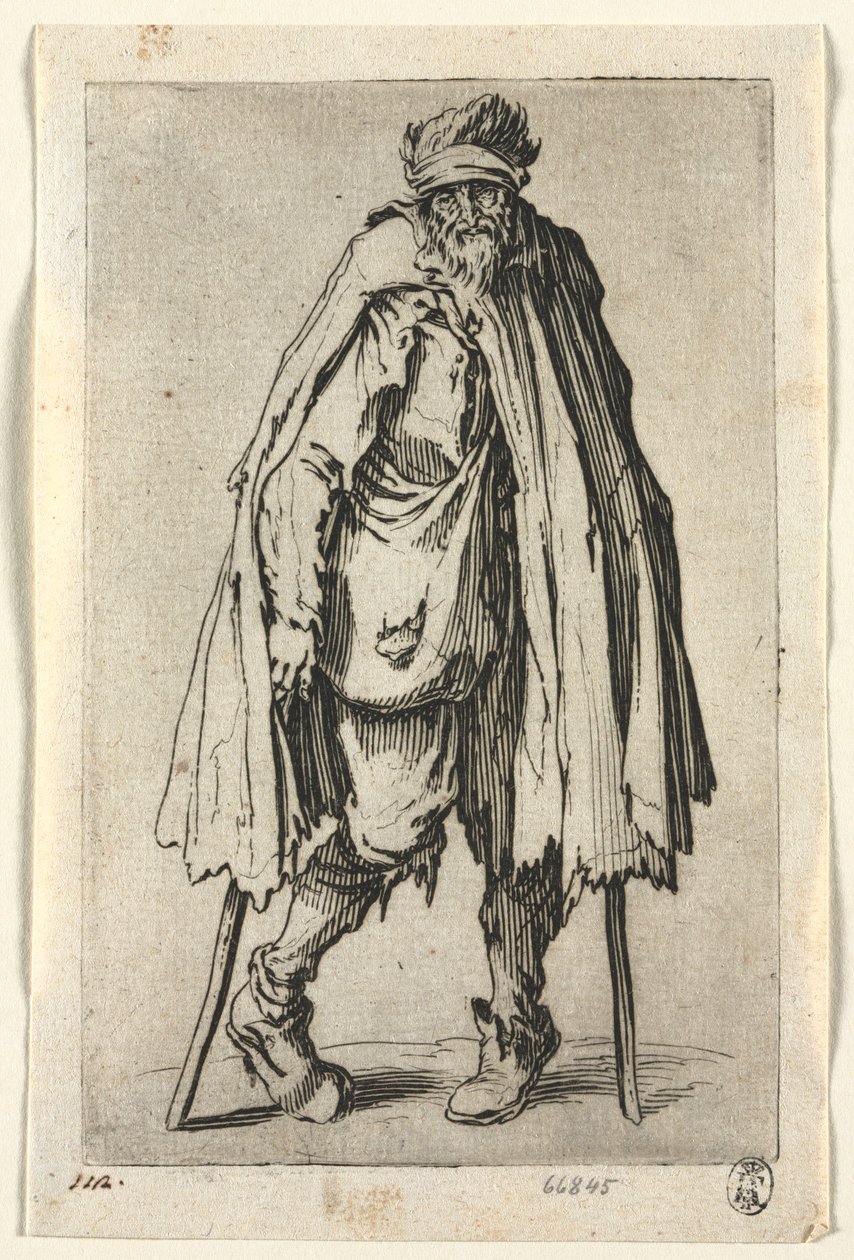 De bedelaars: Bedelaar op krukken met een tas door Jacques Callot