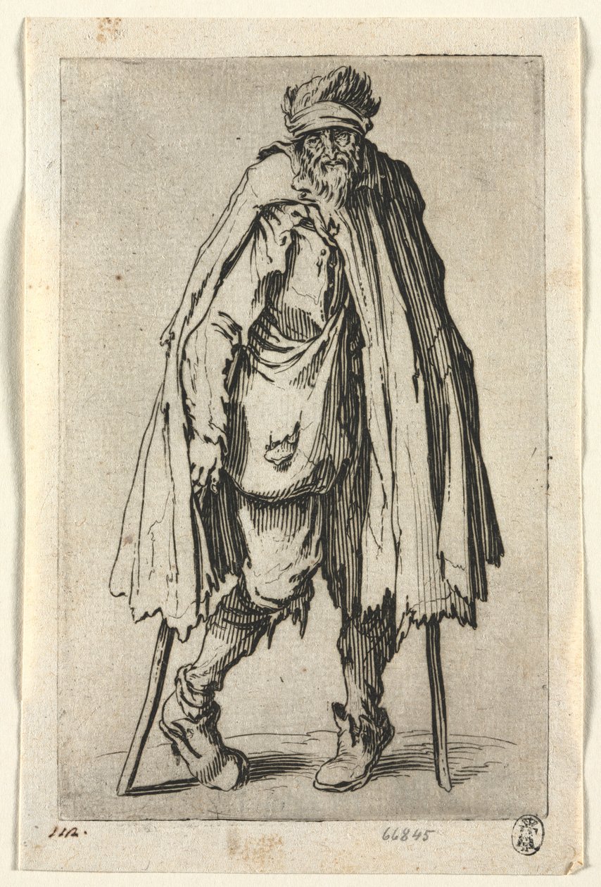De Bedelaars: Bedelaar op Krukken met een Zak, c. 1623 door Jacques Callot