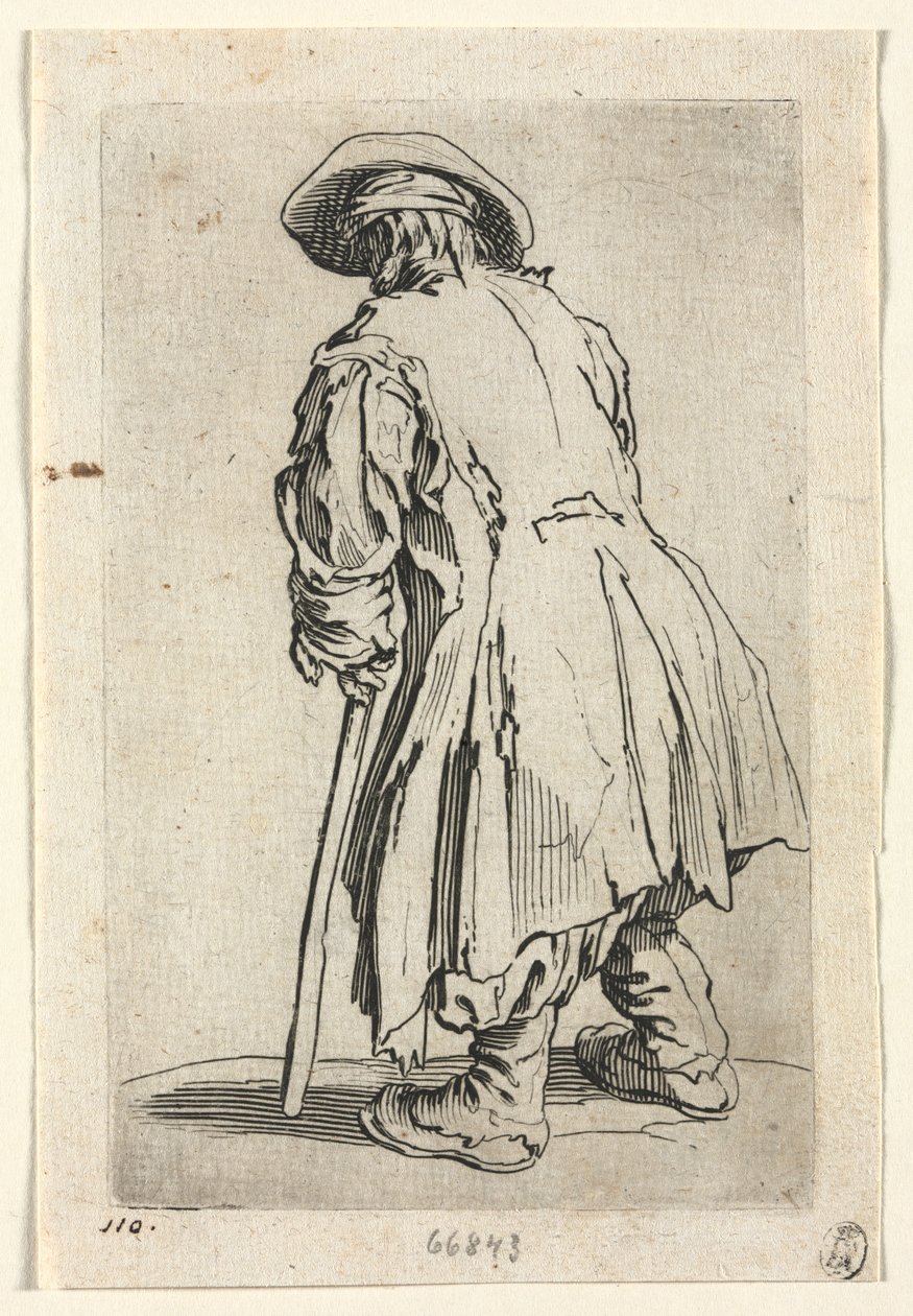 De bedelaars: Oude bedelaar op een enkele kruk door Jacques Callot