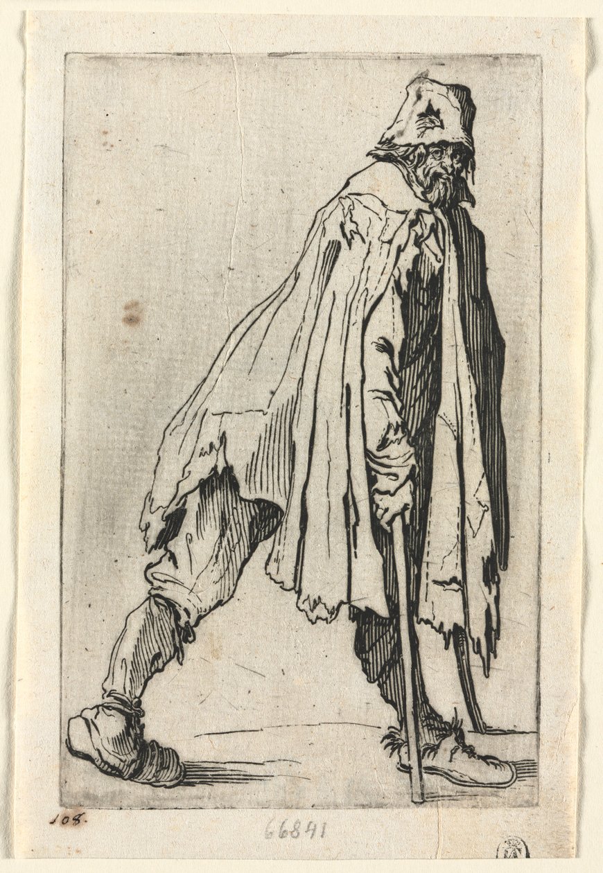 De bedelaars: De bedelaar op krukken, met een pet, ca. 1623 door Jacques Callot