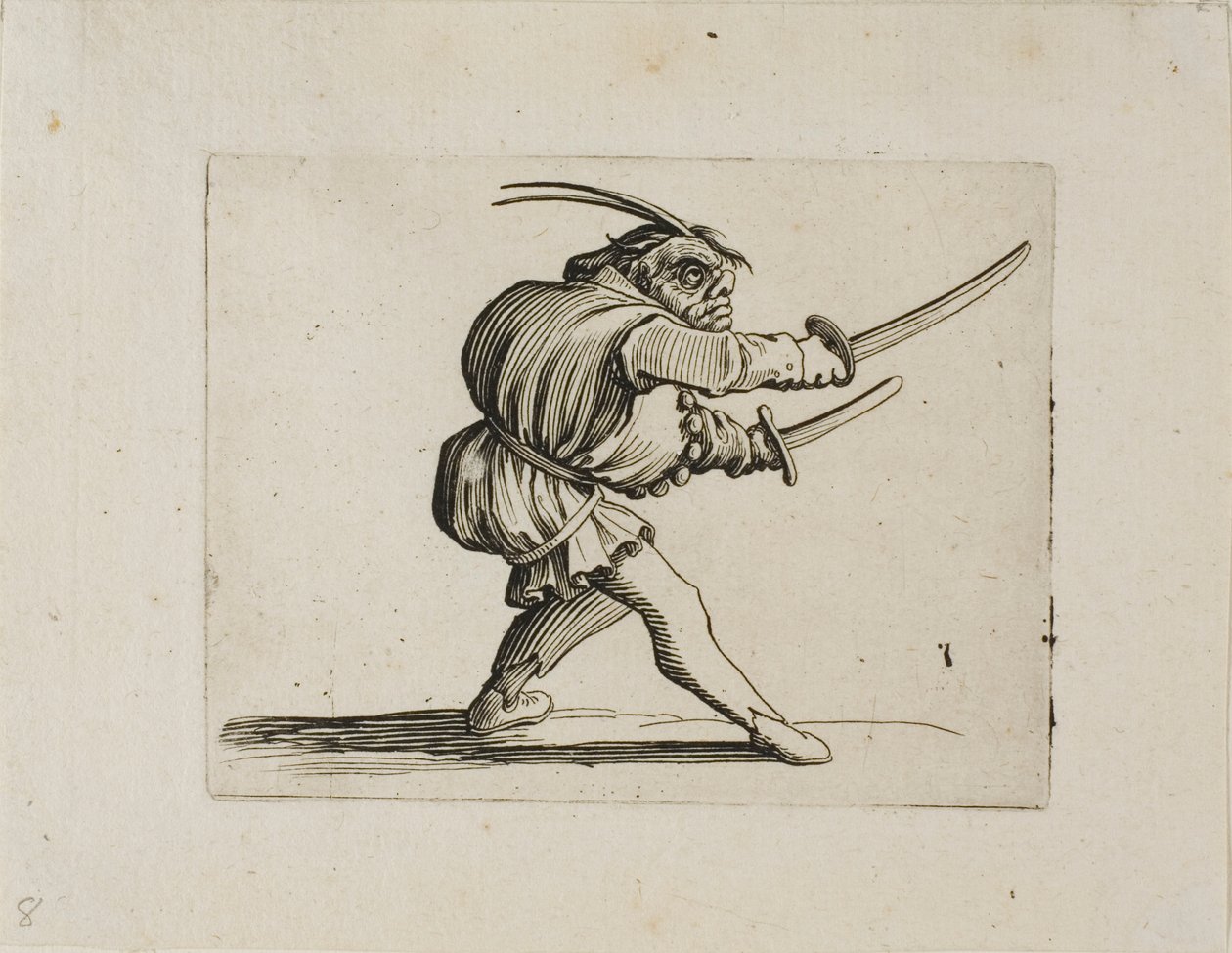 De duellist met twee zwaarden, uit Varie Figure Gobbi door Jacques Callot