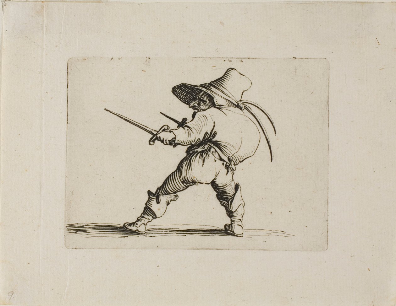 De duellist met een zwaard en een dolk, uit Varie Figure Gobbi door Jacques Callot