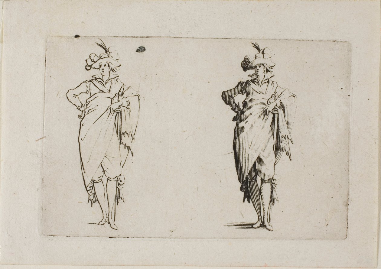 De heer gezien van voren, met zijn rechterhand op zijn heup, uit De Caprices door Jacques Callot