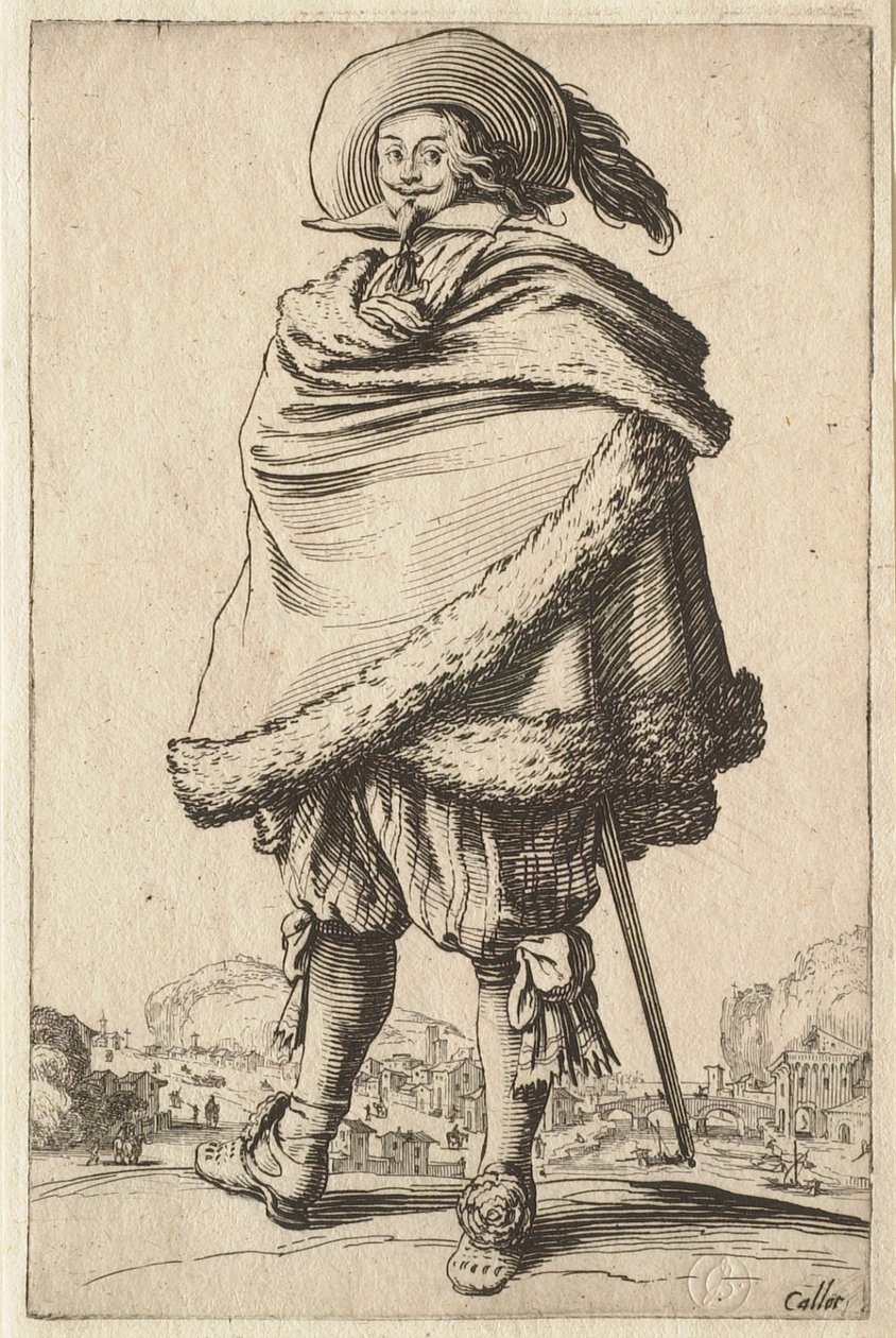 De heer gehuld in zijn met bont afgezette jas door Jacques Callot