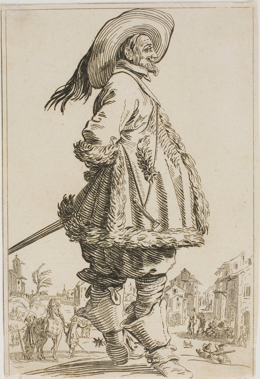 De Edelman in de Met Bont Afgewerkte Mantel met Zijn Handen Achter Zijn Rug, uit de serie De Adel van Lotharingen door Jacques Callot