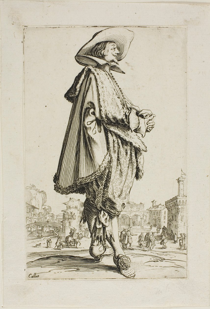 De heer met de geklemde handen, plaat elf uit La Noblesse door Jacques Callot
