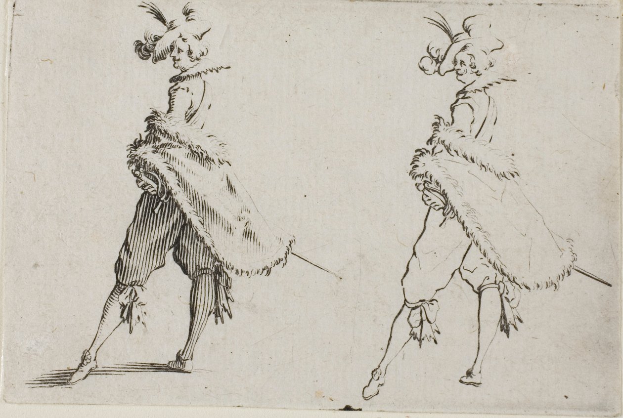 De heer met een jas, poserend met handen op de heupen, uit De Caprices door Jacques Callot