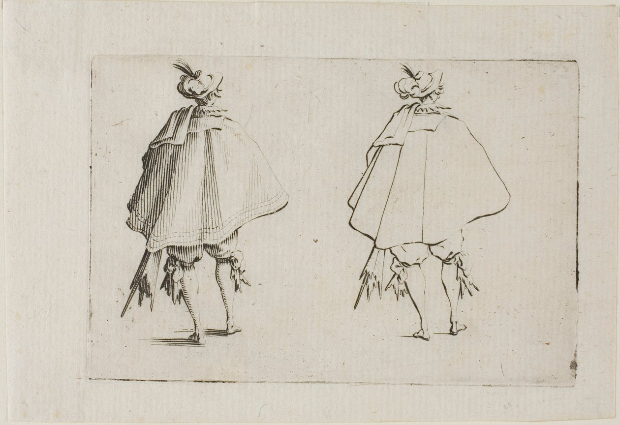 De heer met een grote jas, gezien van achteren, uit De Caprices door Jacques Callot