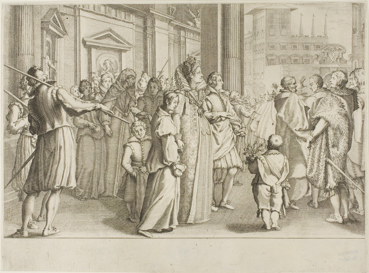 De Groothertogin Christine van Lotharingen begeleidt naar de kerk jongeren die zij onder haar bescherming neemt door Jacques Callot