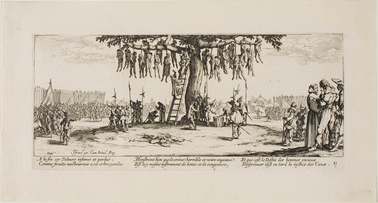 De Ophanging, plaat elf uit De Ellende van de Oorlog door Jacques Callot