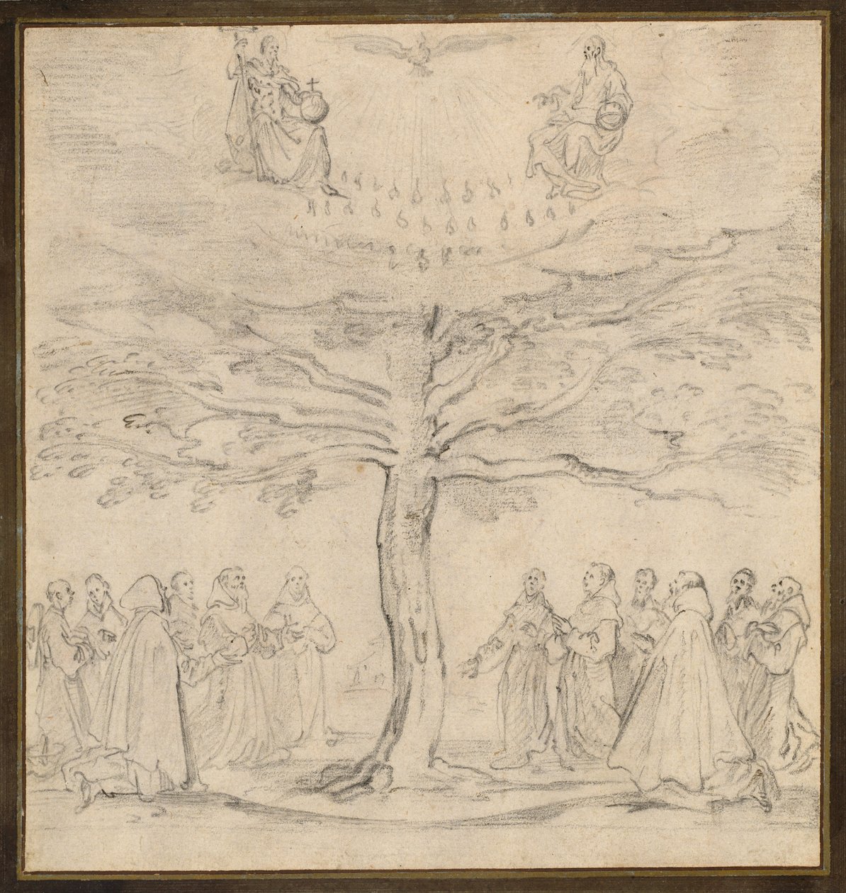 De Heilige Drie-eenheid in de boom des levens aanbeden door Franciscanen door Jacques Callot