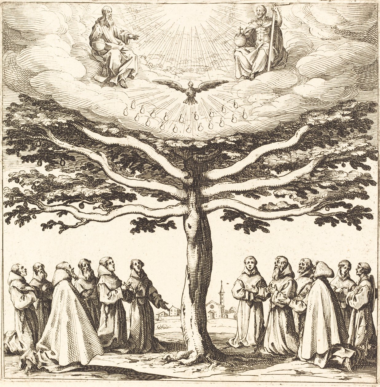 De Heilige Drie-eenheid in de Boom des Levens, aanbeden door Franciscanen door Jacques Callot