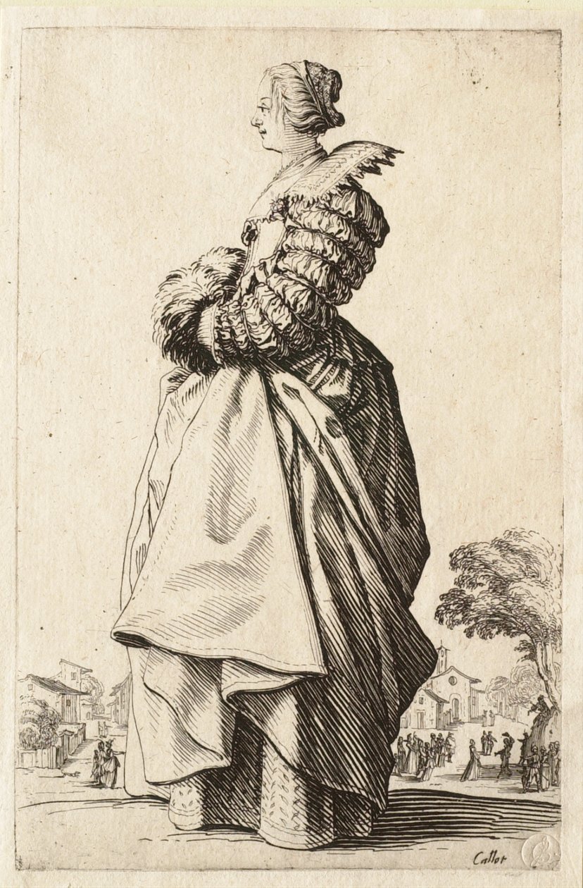 De dame in profiel met haar handen in haar mof door Jacques Callot