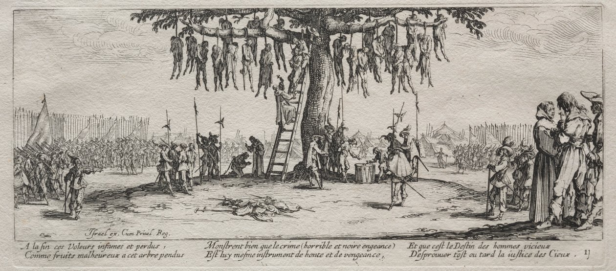 De Grote Ellende van de Oorlog: De Ophanging, 1633 door Jacques Callot