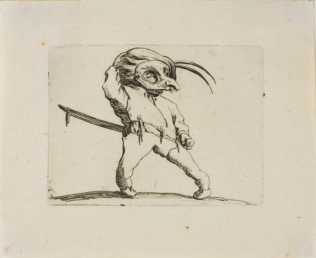 De gemaskerde man met gedraaide benen, uit Varie Figure Gobbi door Jacques Callot