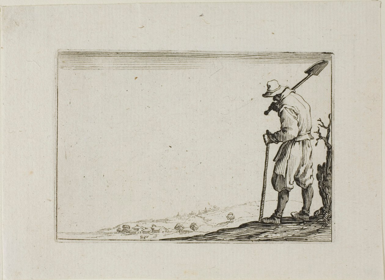 De boer die zijn schop op zijn schouder draagt, uit De Caprices door Jacques Callot