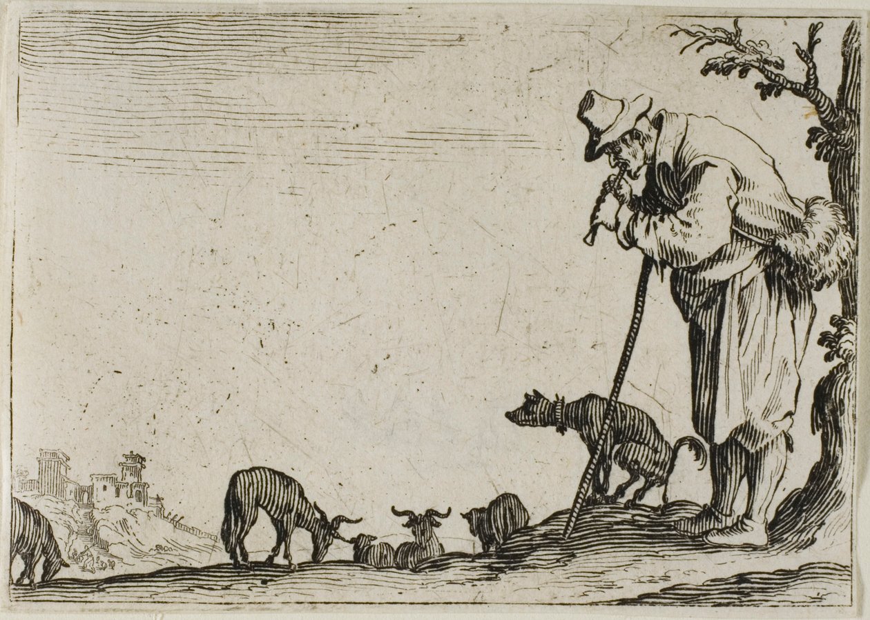 De herder die een fluit speelt, uit De Caprices door Jacques Callot