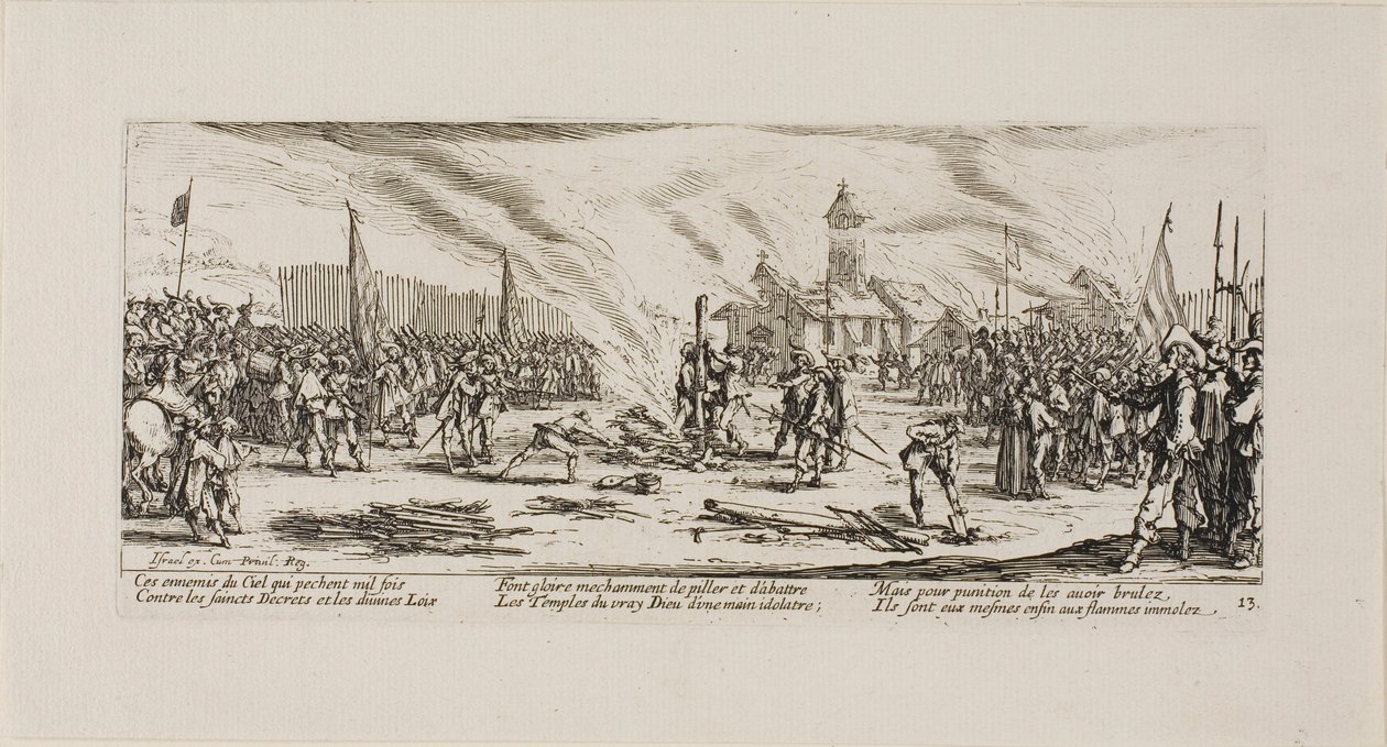 De brandstapel, plaat dertien uit De ellende van de oorlog door Jacques Callot