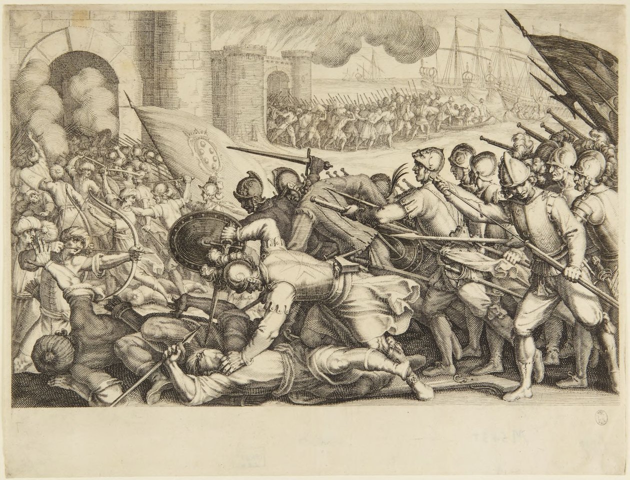 De troepen die de poort van een stad bestormen door Jacques Callot