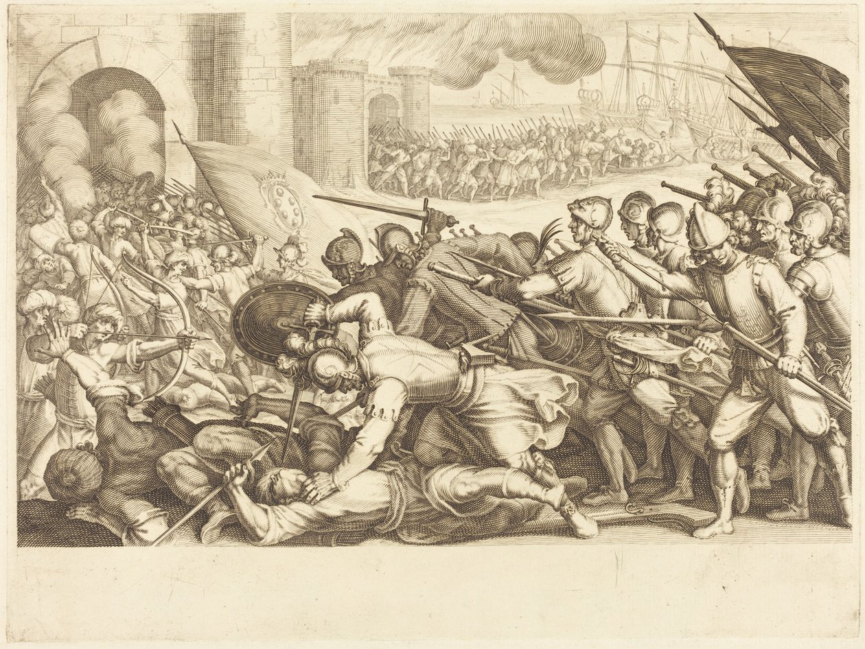 Troepen die de poort van een stad forceren door Jacques Callot