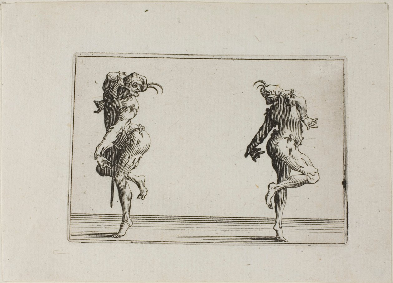 De twee pantalons die hun rug toekeren, uit De Caprices door Jacques Callot
