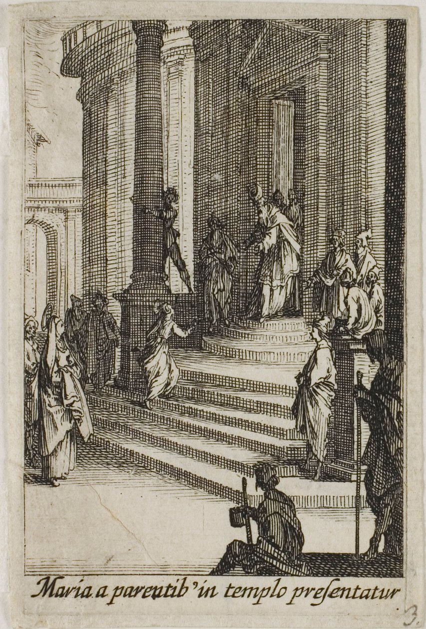 De maagd Maria gepresenteerd in de tempel, uit Het leven van de maagd door Jacques Callot