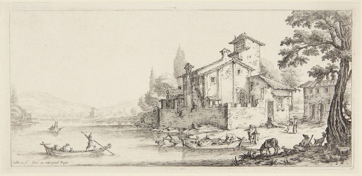 De wandeling langs het water, uit de serie Paysages Gravées pour Jean de Médicis, Paysages Dessinés à Florence (Landschappen voor Giovanni de Medici of Landschappen getekend in Florence) door Jacques Callot
