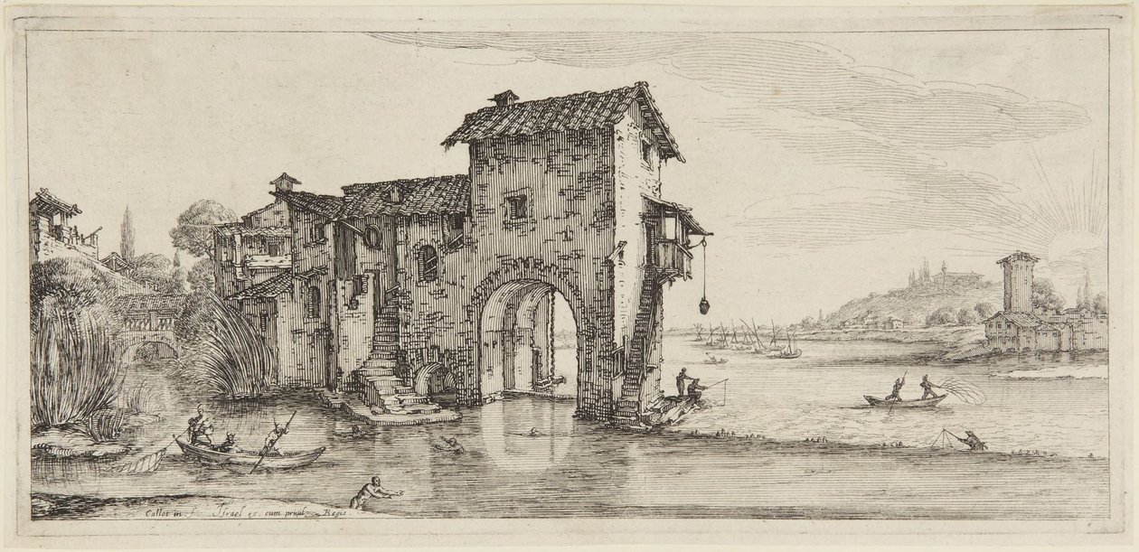 De watermolen, uit de serie Diverse Vedute Designate in Fiorenza (Diverse landschappen ontworpen in Florence) door Jacques Callot