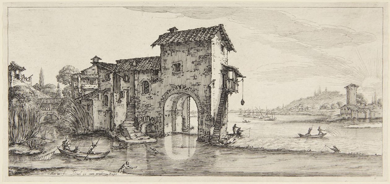 De watermolen, uit de serie Paysages Gravées pour Jean de Médicis, Paysages Dessinés à Florence door Jacques Callot