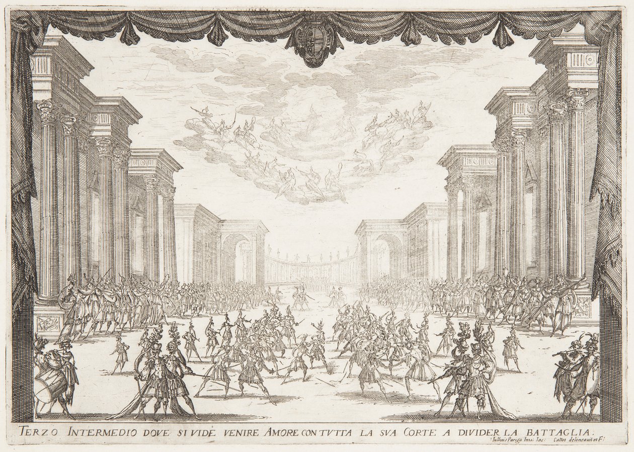 Derde intermezzo, de strijd wordt gestopt door de komst van de liefde met haar gevolg door Jacques Callot
