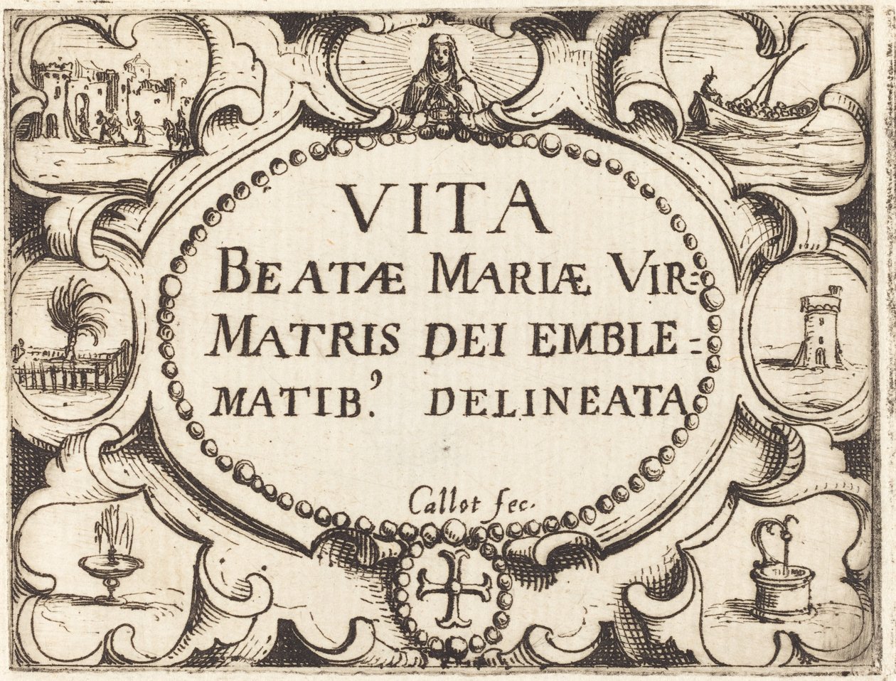 Titelpagina voor "Het Leven van de Maagd in Emblemen" door Jacques Callot