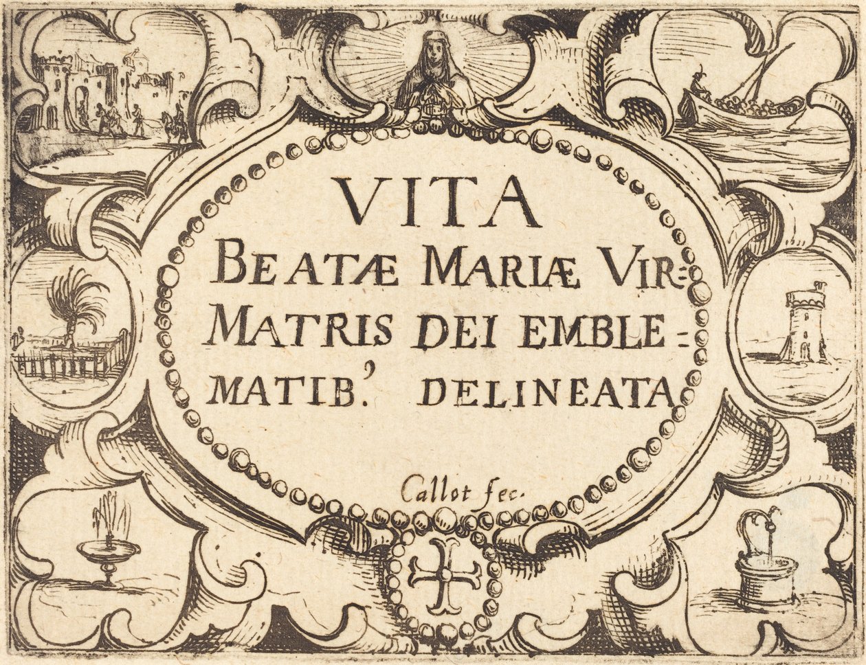 Titelpagina voor "Het leven van de Maagd in emblemen" door Jacques Callot