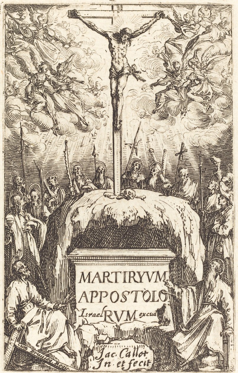 Titelpagina voor "De Martelaarschappen van de Apostelen" door Jacques Callot